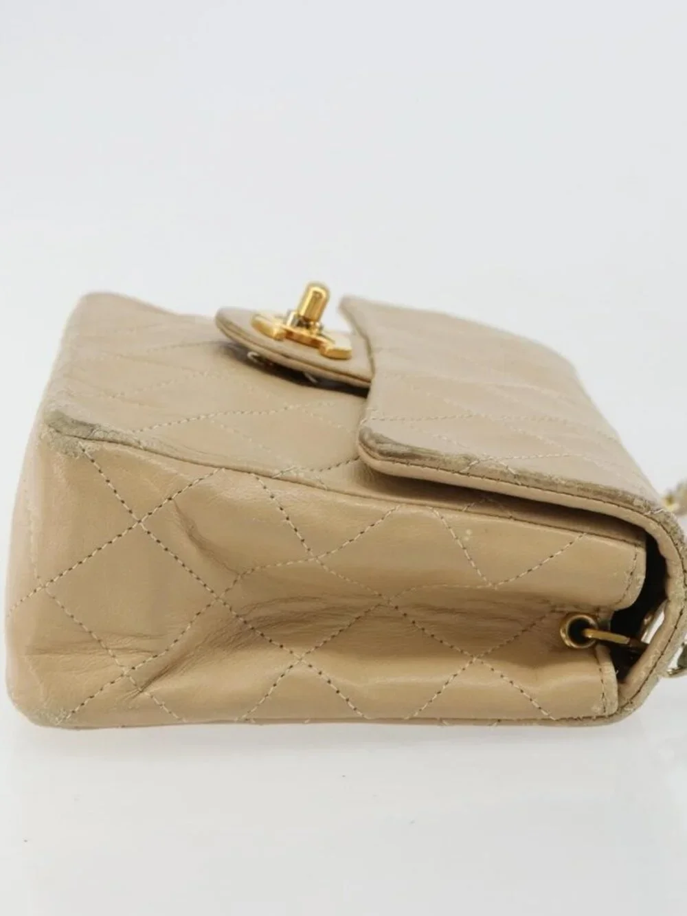 CHANEL Mini Matelasse Chain Shoulder Bag Lamb Skin Beige Gold CC Auth ka4523A